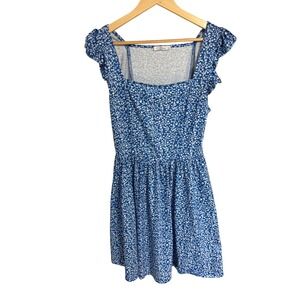 Loemes Blue Floral Ruffle Cap Sleeve Mini Dress Square Neck Pockets Large